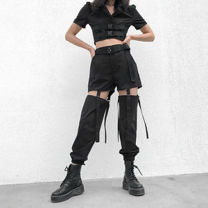 Street Style Buckle Hallow Out Hight Waist Cargo Pants