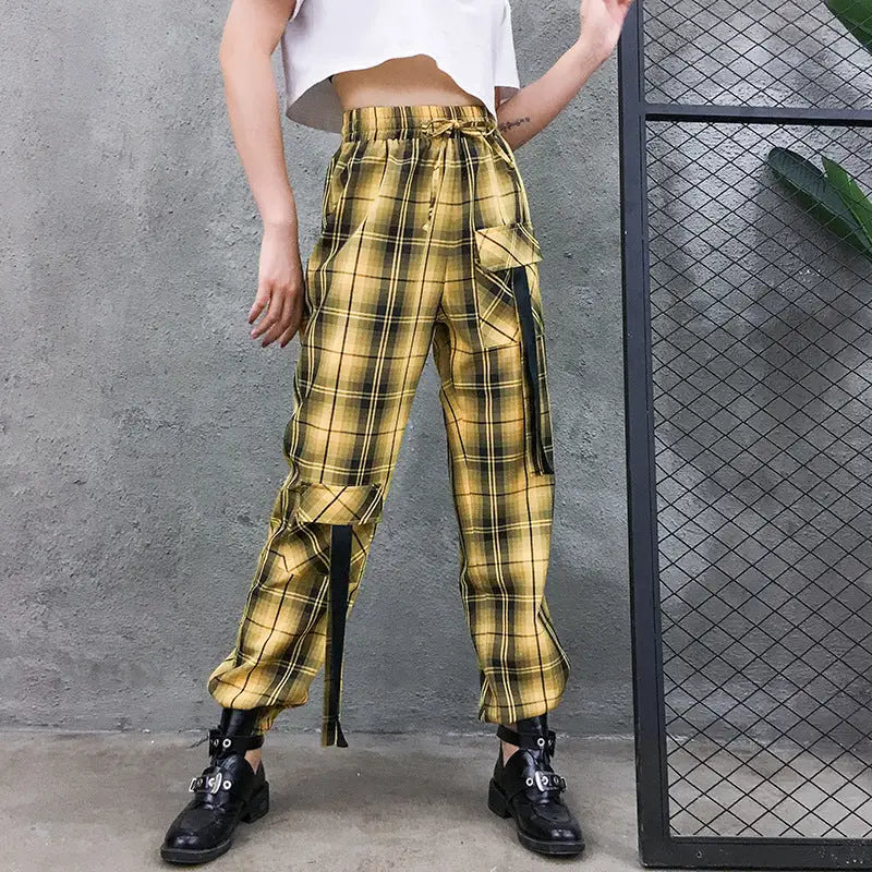Street Style Plaid Cargo Pants - Yellow / L - pants