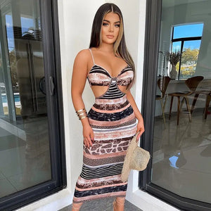 Stripe Print Skinny Halter Stretch Hollow Out Dress