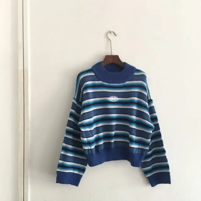 Striped Cotton Pullover Cute Y2k Sweater - One Size / Blue