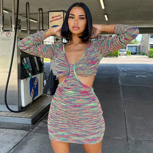 Stripped Long Sleeve Cut Out Knitted Dress