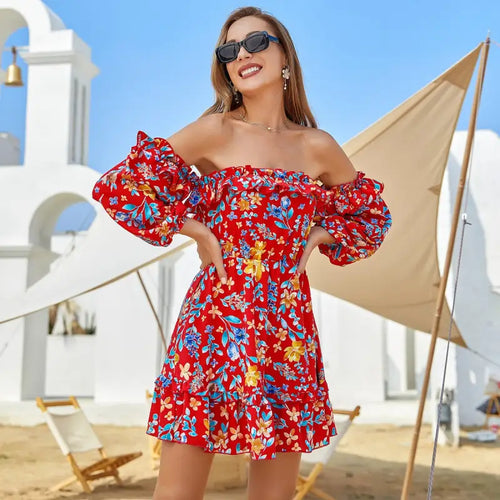 Sweet Ruffles Floral Strapless Full Sleeve Mini Dress
