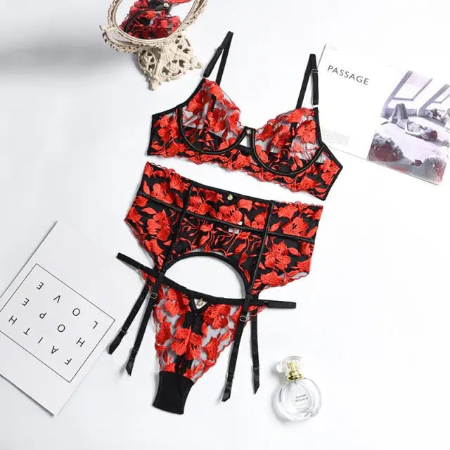 Red See Through Floral 3 Pieces Lace Lingerie Set - S