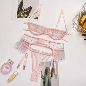 See Through Lace Mesh Bra and Panty Sheer Set - Pink / L