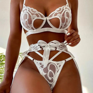 See Through Lace Bra and Panty 3 Piece Lingerie Set