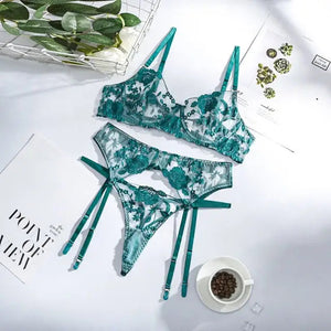 See Through Bra & Thong Sensual Lace Lingerie 3 Piece Set -
