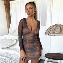 Load image into Gallery viewer, Tiger Print Women Long Sleeve Patchwork Ruched Mini Dress