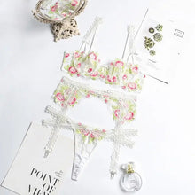 Load image into Gallery viewer, Transparent Push Up Bra Embroidery Floral 3 Piece Set -
