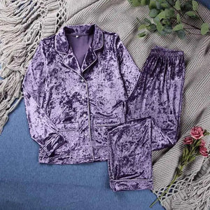 Velvet Long Sleeve Double Pockets Lounge Wear Set - Purple /