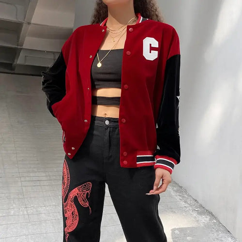 Velvet Patchwork Embroidery Baseball Jacket