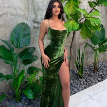 Load image into Gallery viewer, Velvet Sexy Backless Bandage Green Slip Dress