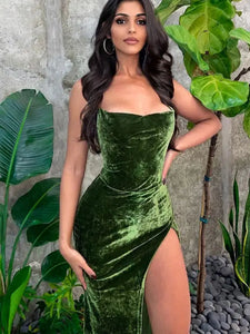 Velvet Sexy Backless Bandage Green Slip Dress