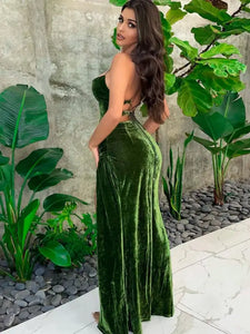 Velvet Sexy Backless Bandage Green Slip Dress