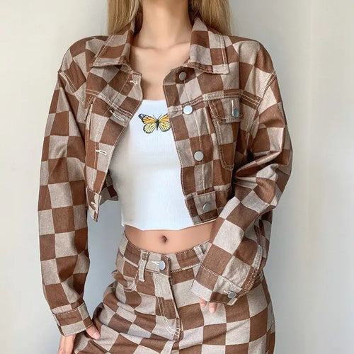 Vintage Fashion Brown Plaid Cropped Denim Jacket