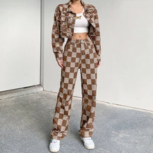 Load image into Gallery viewer, Vintage Fashion Brown Plaid Cropped Denim Jacket