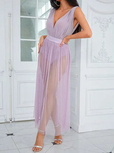 Violet Sleeveless Belt Backless Mesh Long Dress