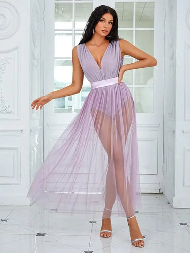 Violet Sleeveless Belt Backless Mesh Long Dress