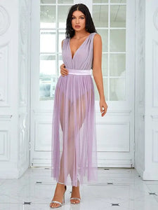 Violet Sleeveless Belt Backless Mesh Long Dress