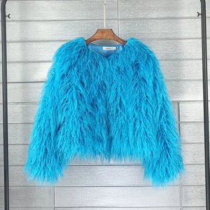 Warm Knitting Shaggy Cardigan Faux Fur Coat - Lake Blue /