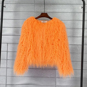Warm Knitting Shaggy Cardigan Faux Fur Coat - Orange / XXXL