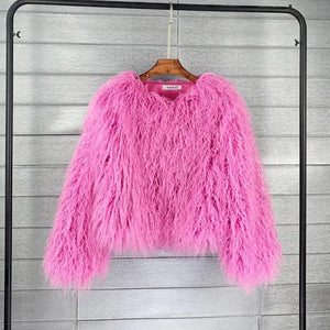 Warm Knitting Shaggy Cardigan Faux Fur Coat - Pink / XXXL