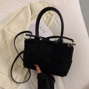 Weave High Capacity Plush Shoulder Crossbody Handbag - black