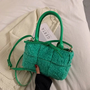 Weave High Capacity Plush Shoulder Crossbody Handbag - green