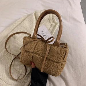 Weave High Capacity Plush Shoulder Crossbody Handbag - Khaki
