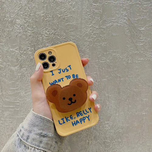 Yellow Blue Letter Bear Bracket Soft Phone Case For IPhone